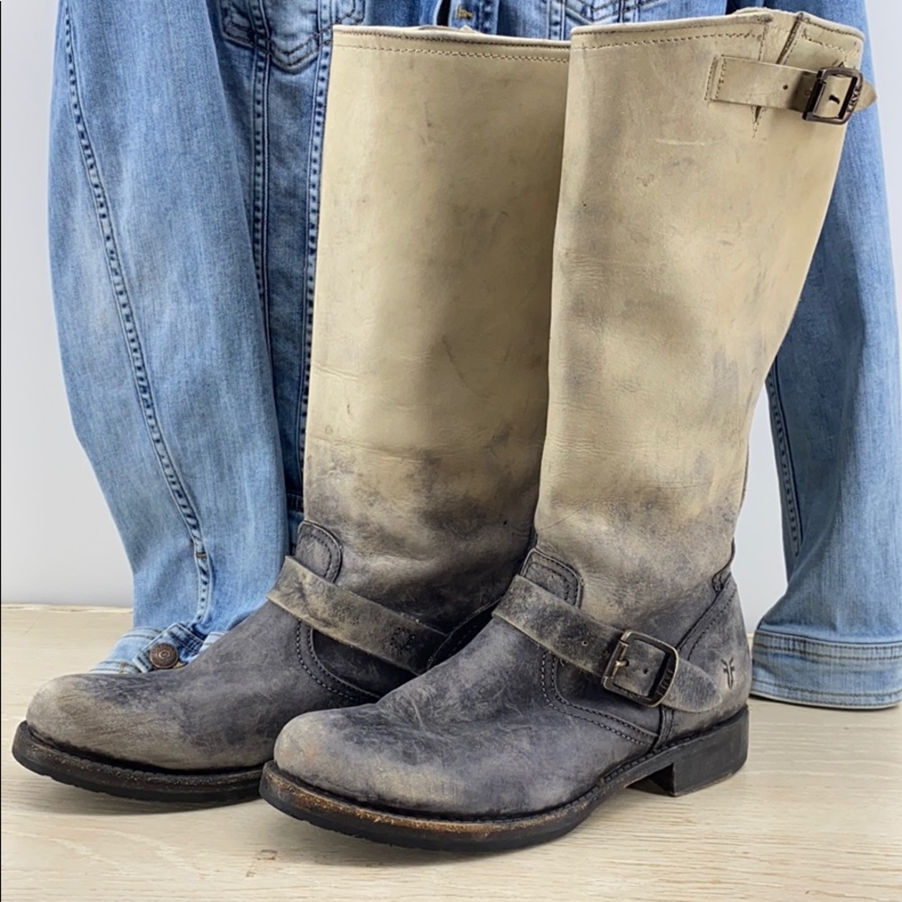 Frye Black and Tan Distressed Engineer Boots